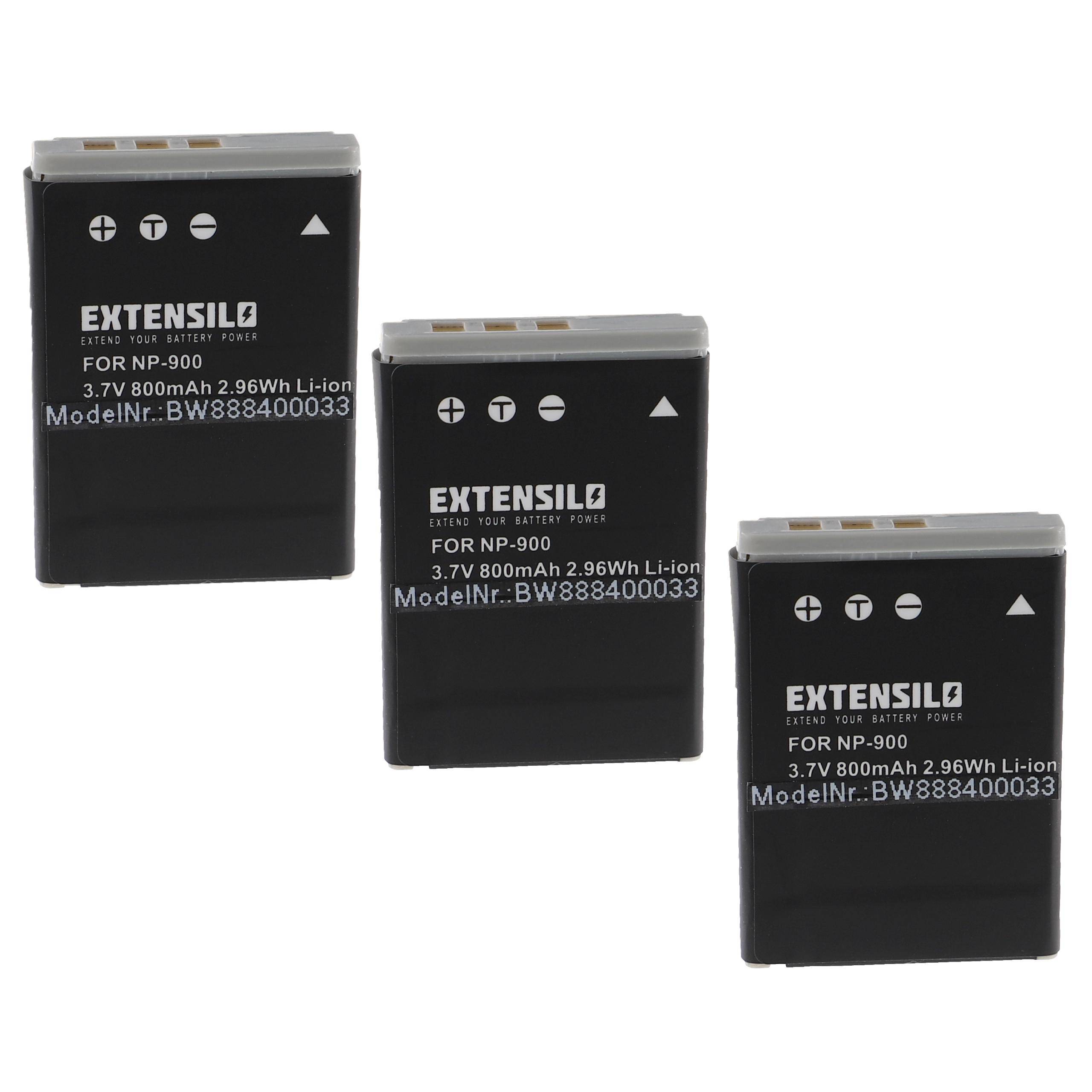 Drei schwarze Lithium-Ionen-Kamerabatterien mit der Aufschrift „EXTENSILO FOR NP-900