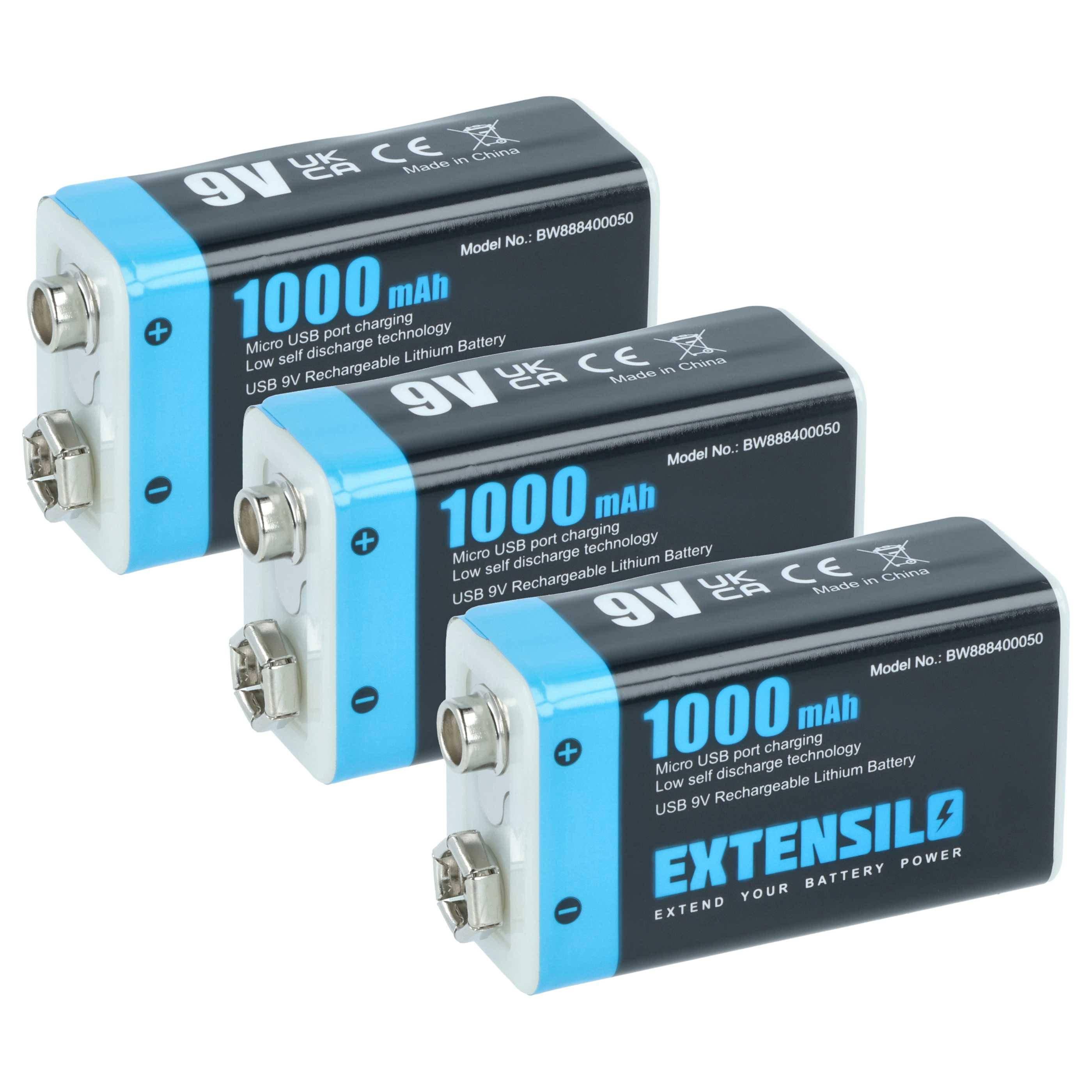 Drei 9V wiederaufladbare Lithiumbatterien mit der Bezeichnung „1000 mAh
