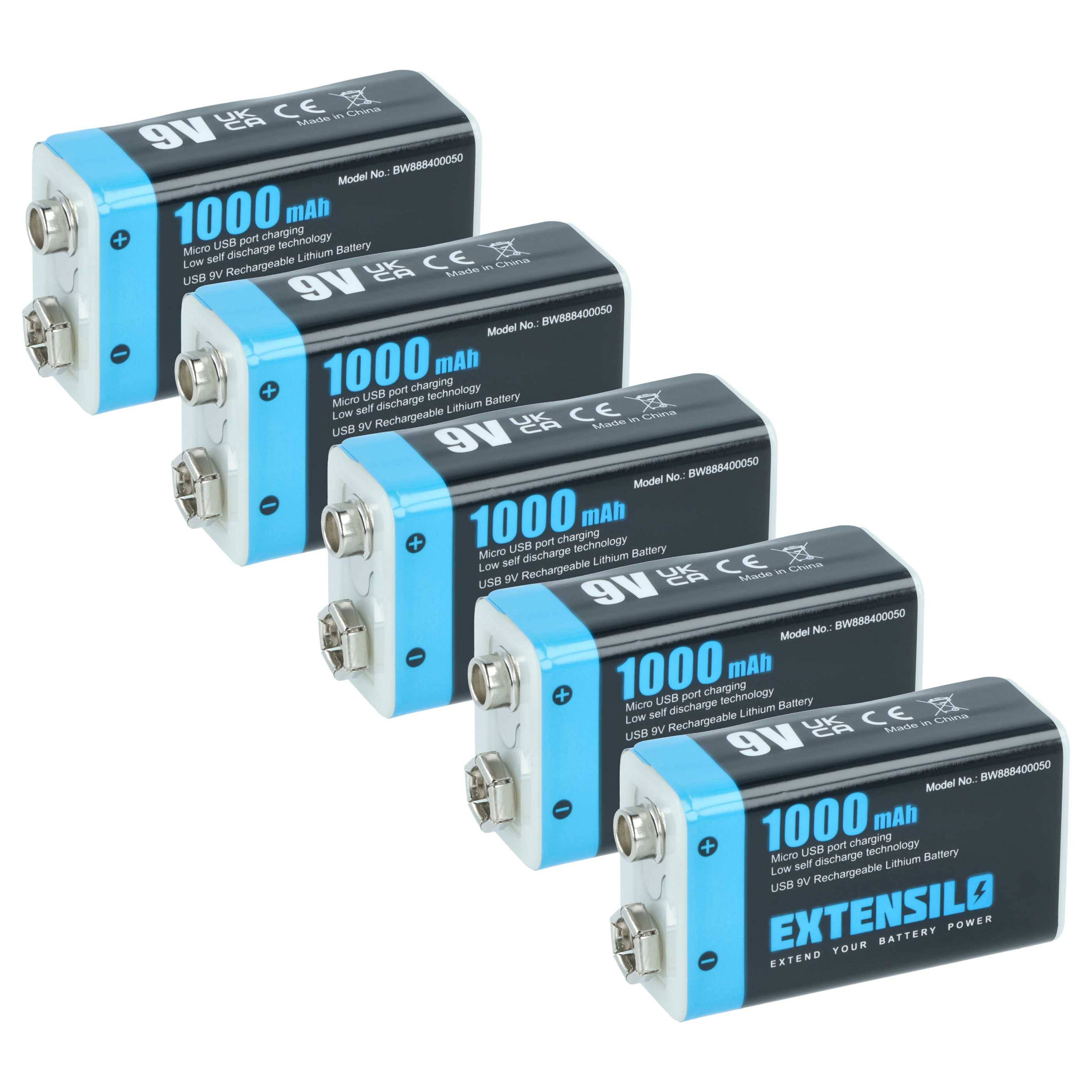Fünf 9-V-wiederaufladbare Lithium-Batterien diagonal gestapelt, beschriftet mit „1000 mAh