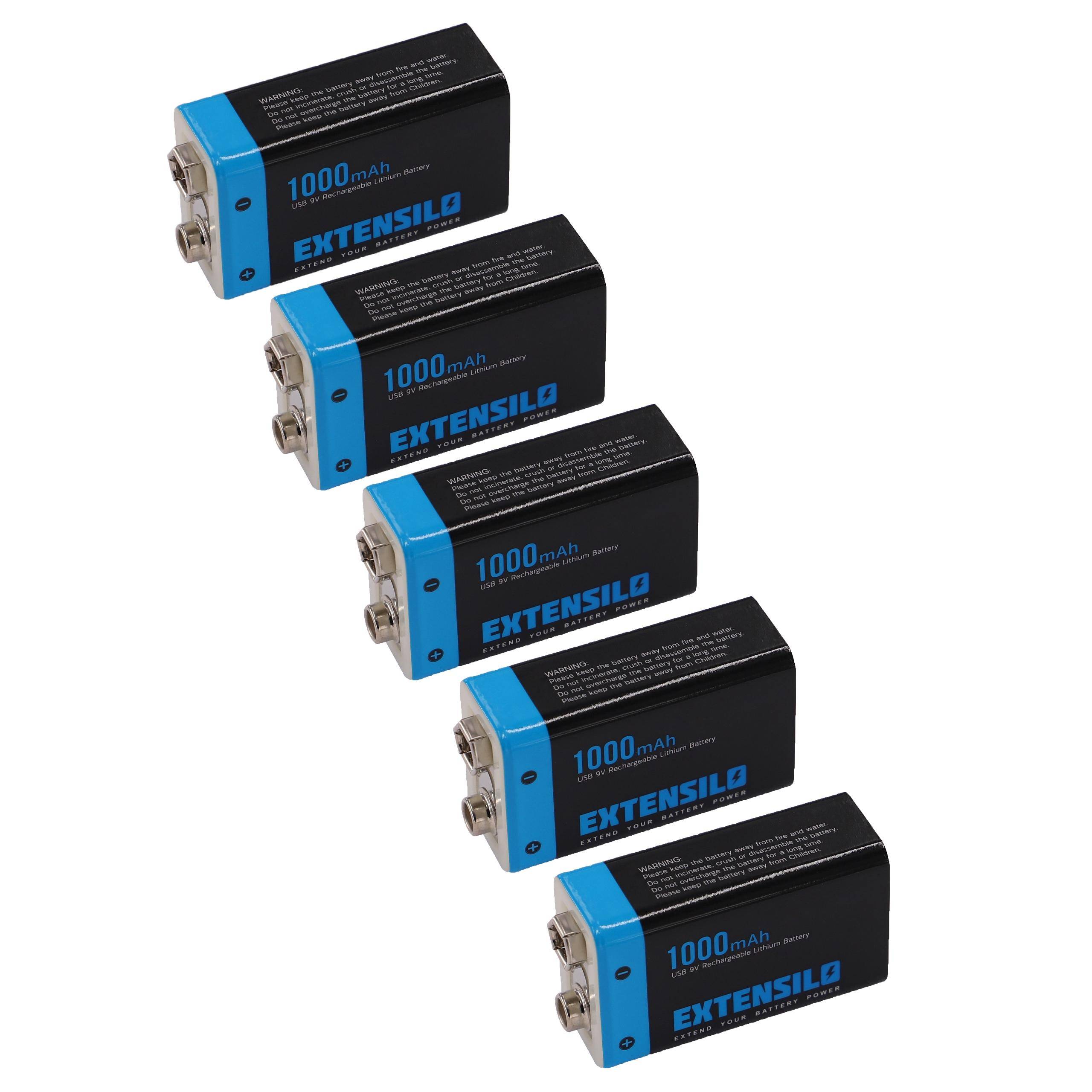 EXTENSILO 9V-Akku Block für diverse Geräte (1 Ah, 9 V, Li-Ion), ready-to-use, mit Micro USB Buchse