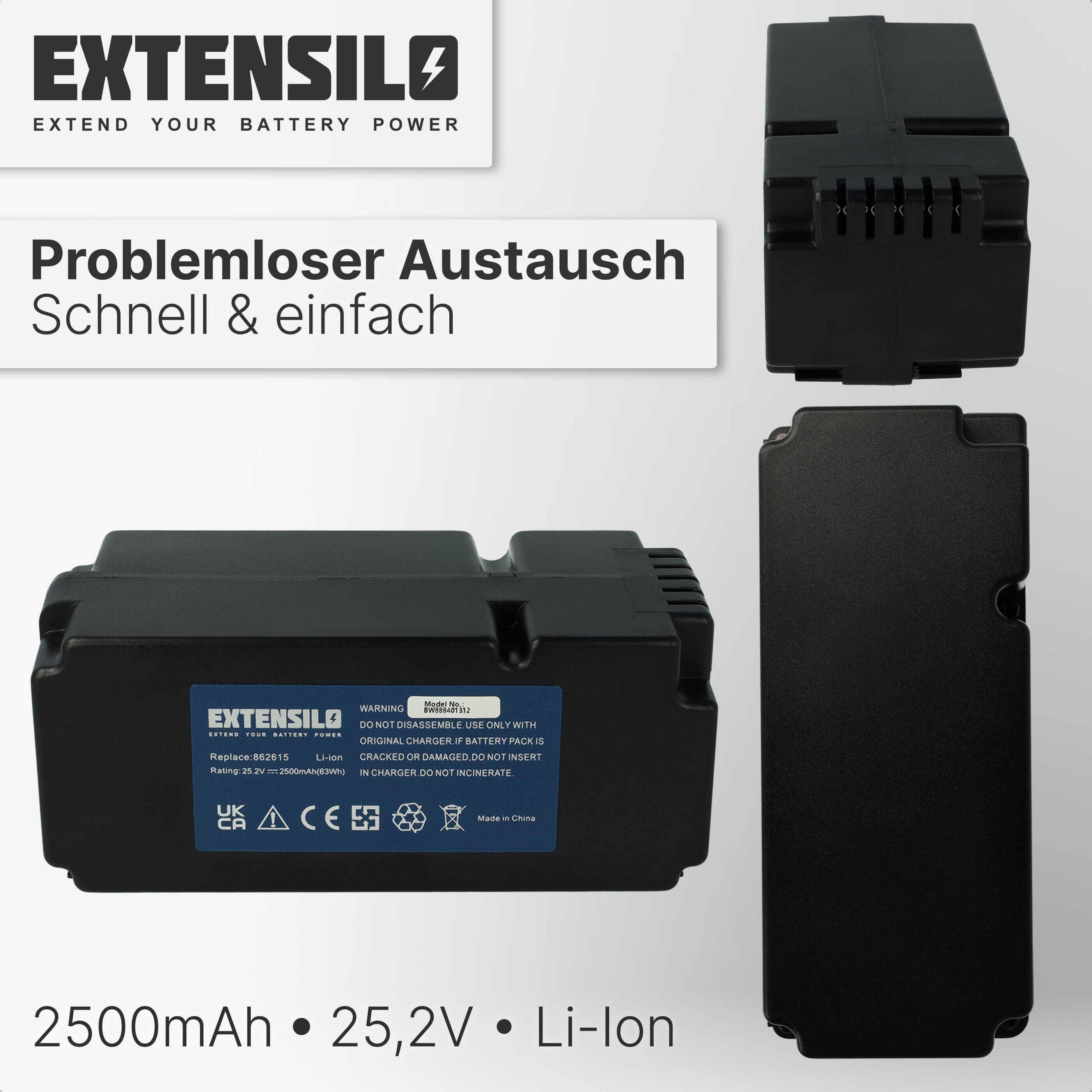 EXTENSILO Akku kompatibel mit Yard Force X100i, SA900B, SA650B, X80i, X50i Rasenmäher (2500mAh, 25,2V, Li-Ion)