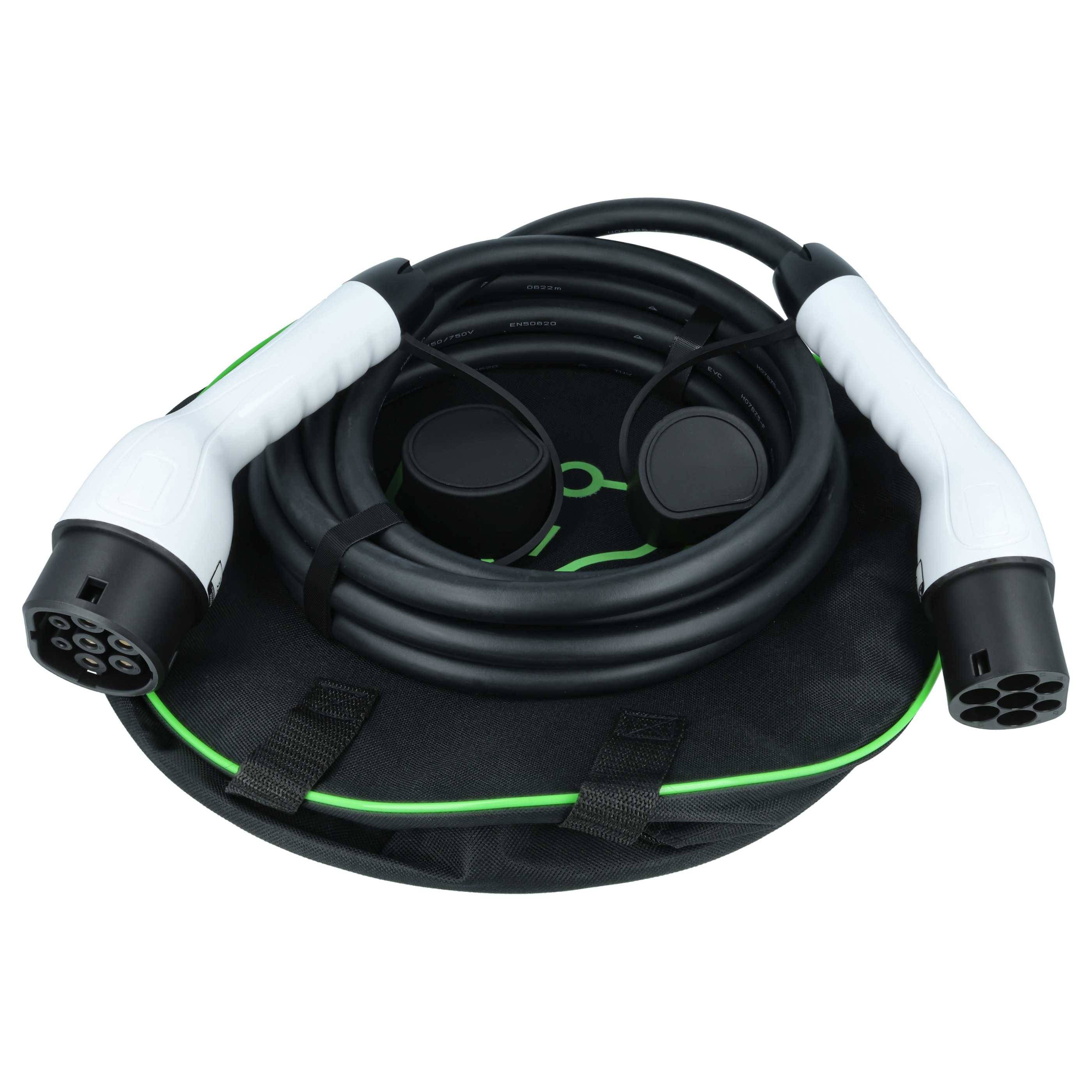 Ladekabel für Elektrofahrzeuge aufgewickelt und auf einer runden Aufbewahrungstasche mit Griffen platziert, mit zwei Steckverbindern.