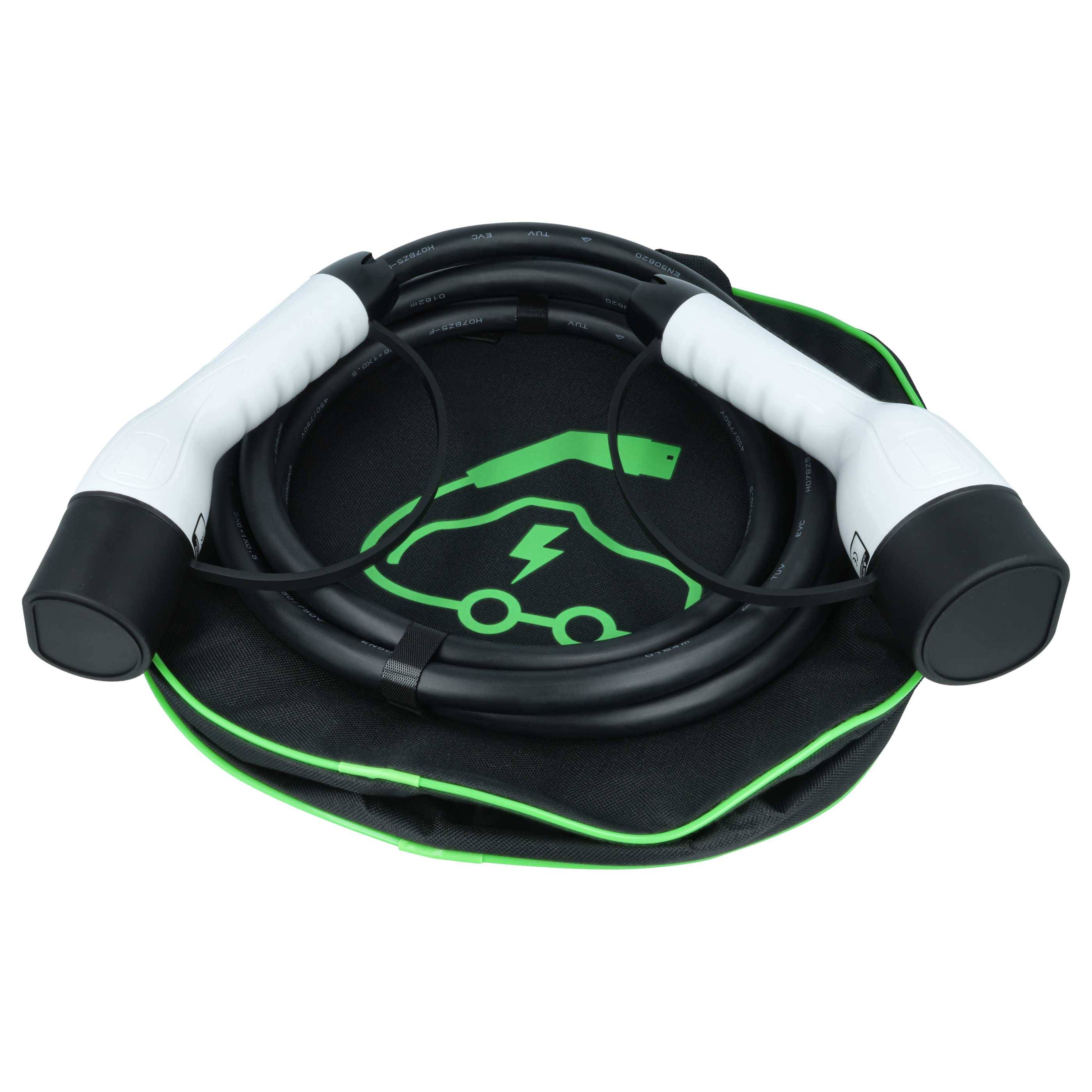 Elektrofahrzeug-Ladekabel mit weißen Griffen und einer aufgerollten schwarzen Schnur, auf einer kreisförmigen schwarzen Matte mit grünem Rand platziert, mit einem Ladesymbol.