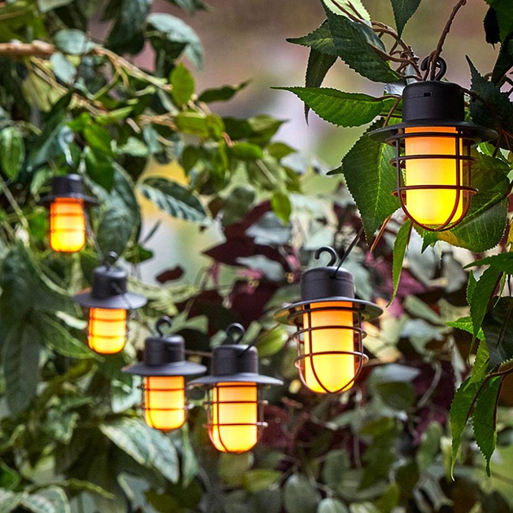LED Solar Lichterkette Aussen Solarlampe Garten Dekoration Retro Stil, Flammeneffekt, Akku Erdspieß, schwarz, 6x LED warmweiß, DxL 8x200 cm