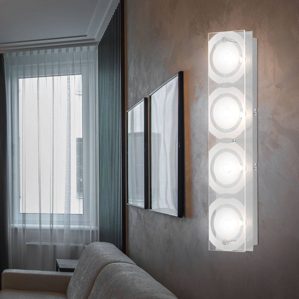 Wandleuchte 4 Flammig Wandlampe Glas teilsatiniert Wohnzimmerleuchte Chrom, 4x G9 Fassungen, LxB 40x8 cm