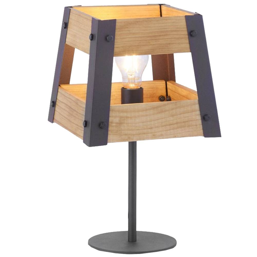 Tischlampe Wohnzimmer Holzlampe Tischleuchte Nachttischlampe Holz E27 skandinavisch, Fernbedienung dimmbar, Metall schwarz, 1x RGB LED 9W 806Lm