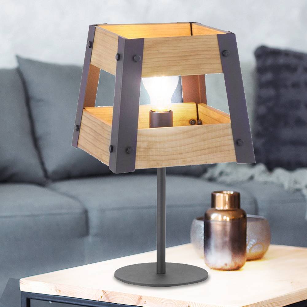 Tischlampe Wohnzimmer Holzlampe Tischleuchte Nachttischlampe Holz E27 skandinavisch, Fernbedienung dimmbar, Metall schwarz, 1x RGB LED 9W 806Lm