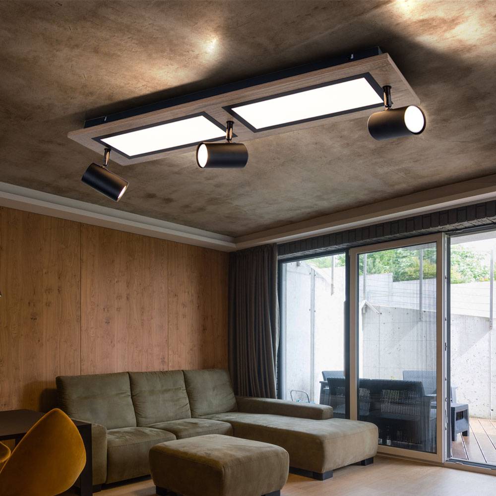 LED Deckenleuchte Deckenlampe Wohnzimmerleuchte Esszimmerlampe Küchenleuchte, Metall Holzoptik schwarz, Spots beweglich 3 Flammig, 24W 1500lm 3000K