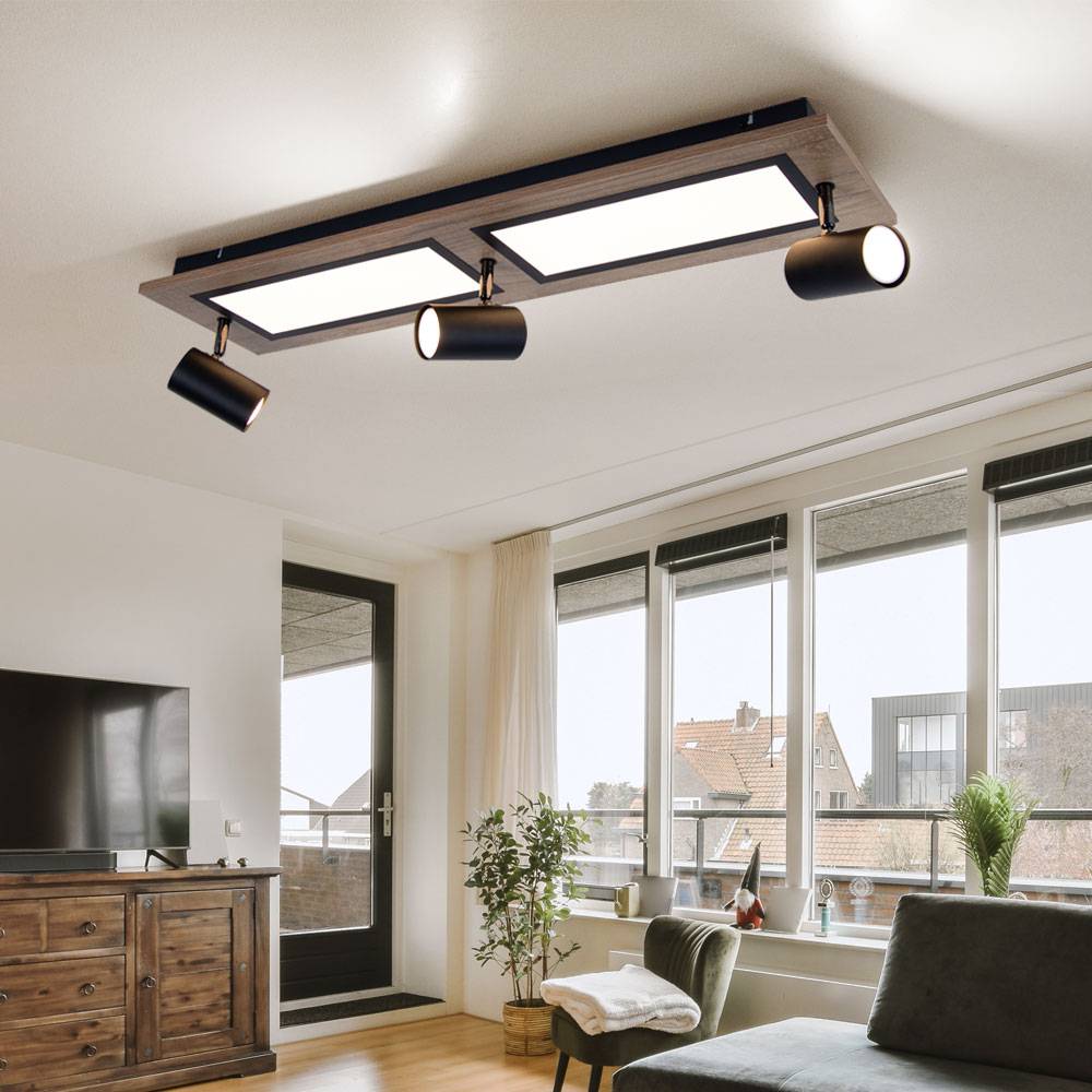 LED Deckenleuchte Deckenlampe Wohnzimmerleuchte Esszimmerlampe Küchenleuchte, Metall Holzoptik schwarz, Spots beweglich 3 Flammig, 24W 1500lm 3000K