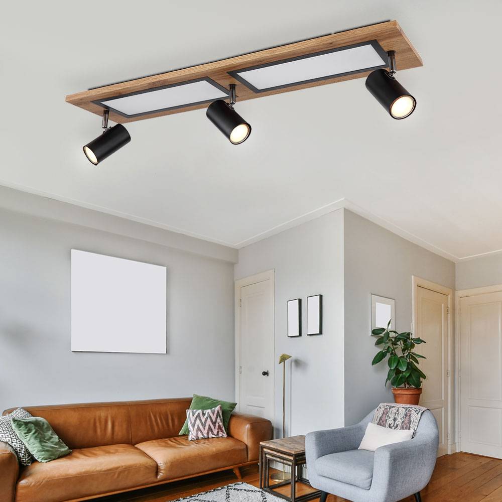 LED Deckenleuchte Deckenlampe Wohnzimmerleuchte Esszimmerlampe Küchenleuchte, Metall Holzoptik schwarz, Spots beweglich 3 Flammig, 24W 1500lm 3000K