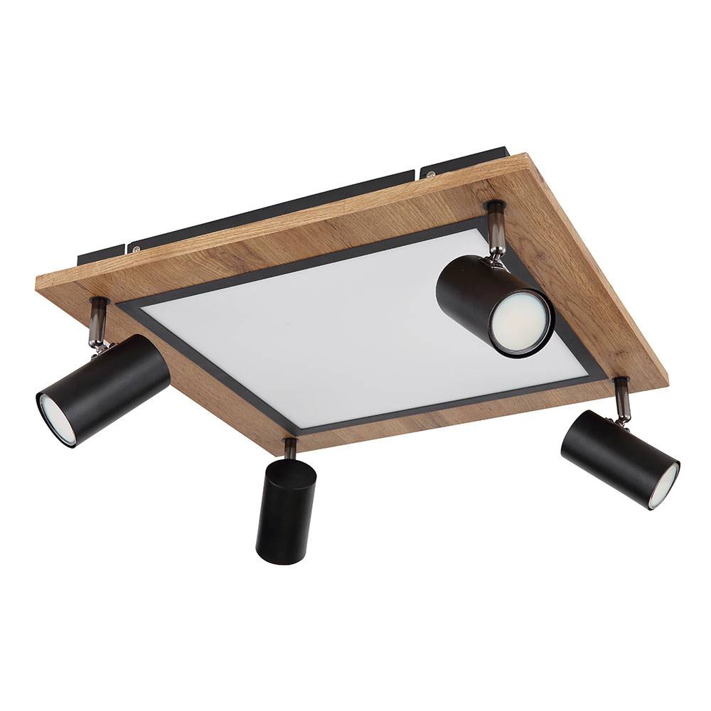 LED Deckenpanel Holz Deckenleuchte 4-Flammig Deckenlampe Strahler schwenkbar, Licht getrennt schaltbar, 24W 1900Lm warmweiß, LxBxH 45x45x13 cm