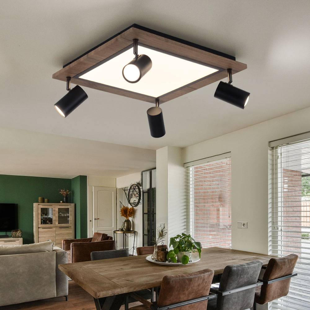 LED Deckenpanel Holz Deckenleuchte 4-Flammig Deckenlampe Strahler schwenkbar, Licht getrennt schaltbar, 24W 1900Lm warmweiß, LxBxH 45x45x13 cm