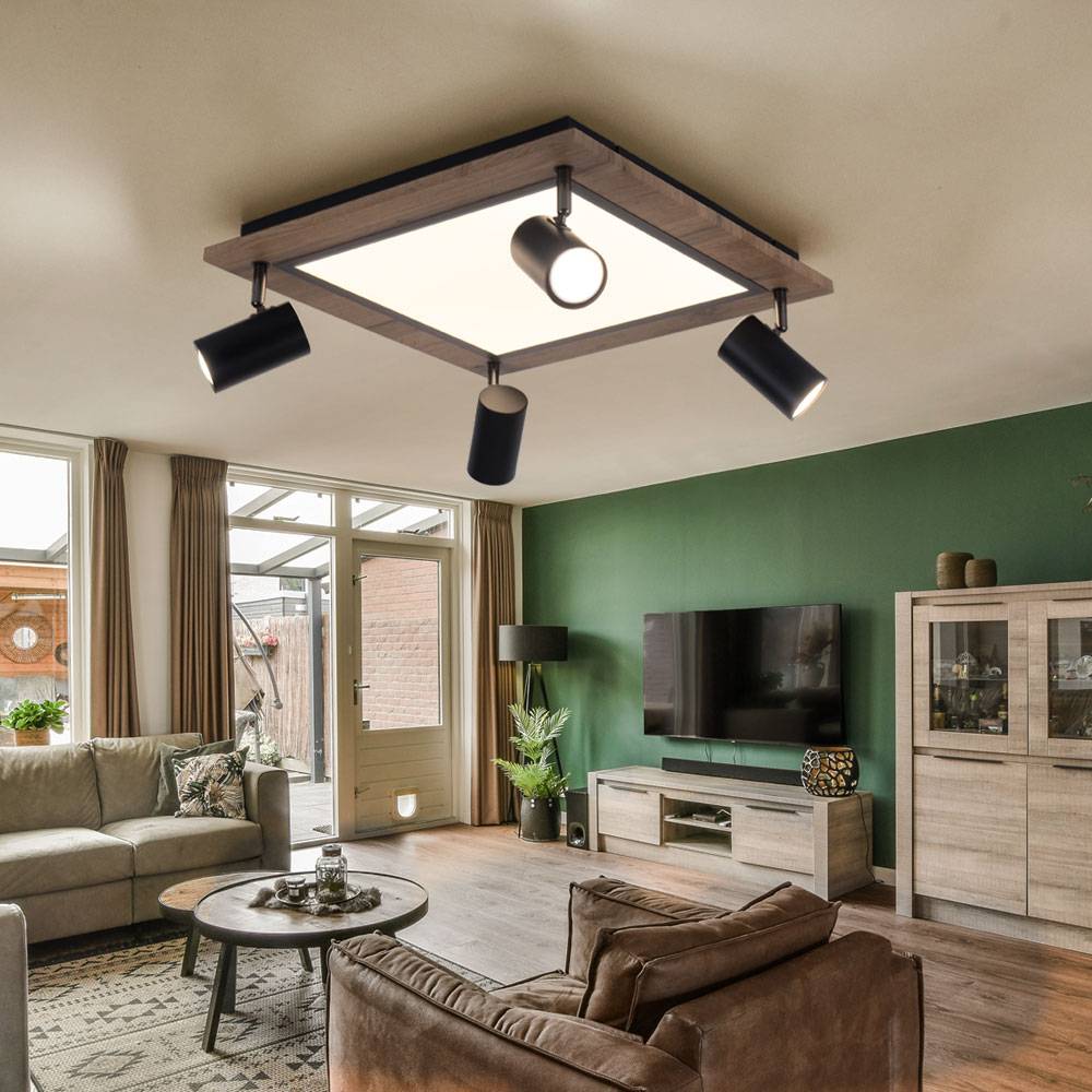 LED Deckenpanel Holz Deckenleuchte 4-Flammig Deckenlampe Strahler schwenkbar, Licht getrennt schaltbar, 24W 1900Lm warmweiß, LxBxH 45x45x13 cm