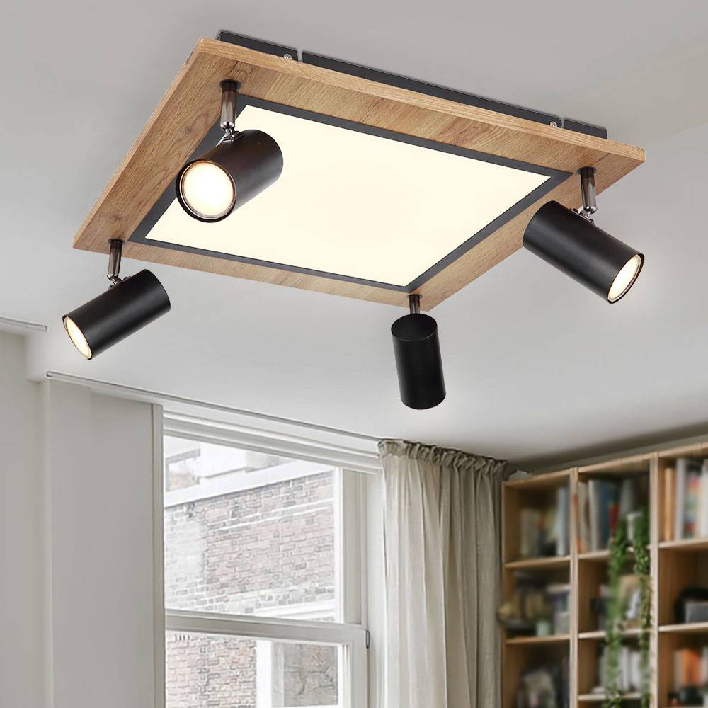 LED Deckenpanel Holz Deckenleuchte 4-Flammig Deckenlampe Strahler schwenkbar, Licht getrennt schaltbar, 24W 1900Lm warmweiß, LxBxH 45x45x13 cm
