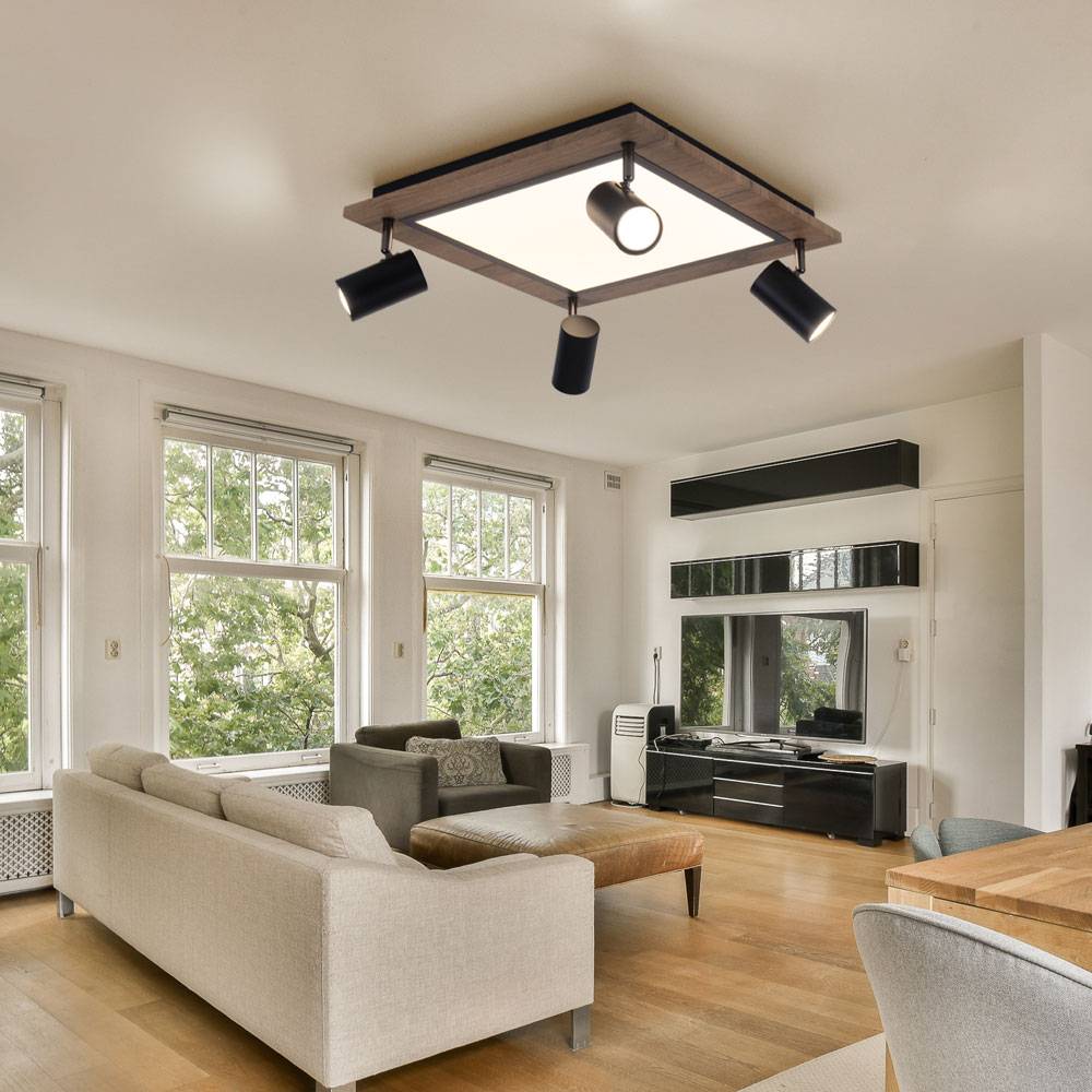 LED Deckenpanel Holz Deckenleuchte 4-Flammig Deckenlampe Strahler schwenkbar, Licht getrennt schaltbar, 24W 1900Lm warmweiß, LxBxH 45x45x13 cm