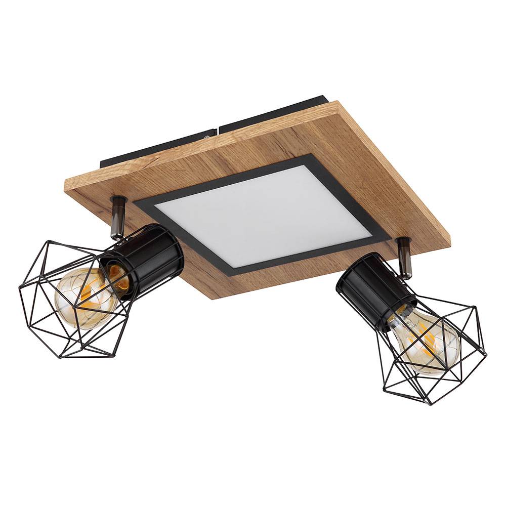Deckenlampe Wohnzimmerleuchte LED-Platine Metallgitterschirme Spots beweglich Holzoptik, 2 x E27, 12W 1100lm warmweiß, LxBxH 30x30x22,5 cm