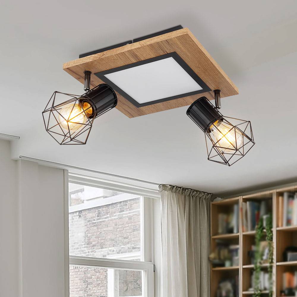 Deckenlampe Wohnzimmerleuchte LED-Platine Metallgitterschirme Spots beweglich Holzoptik, 2 x E27, 12W 1100lm warmweiß, LxBxH 30x30x22,5 cm