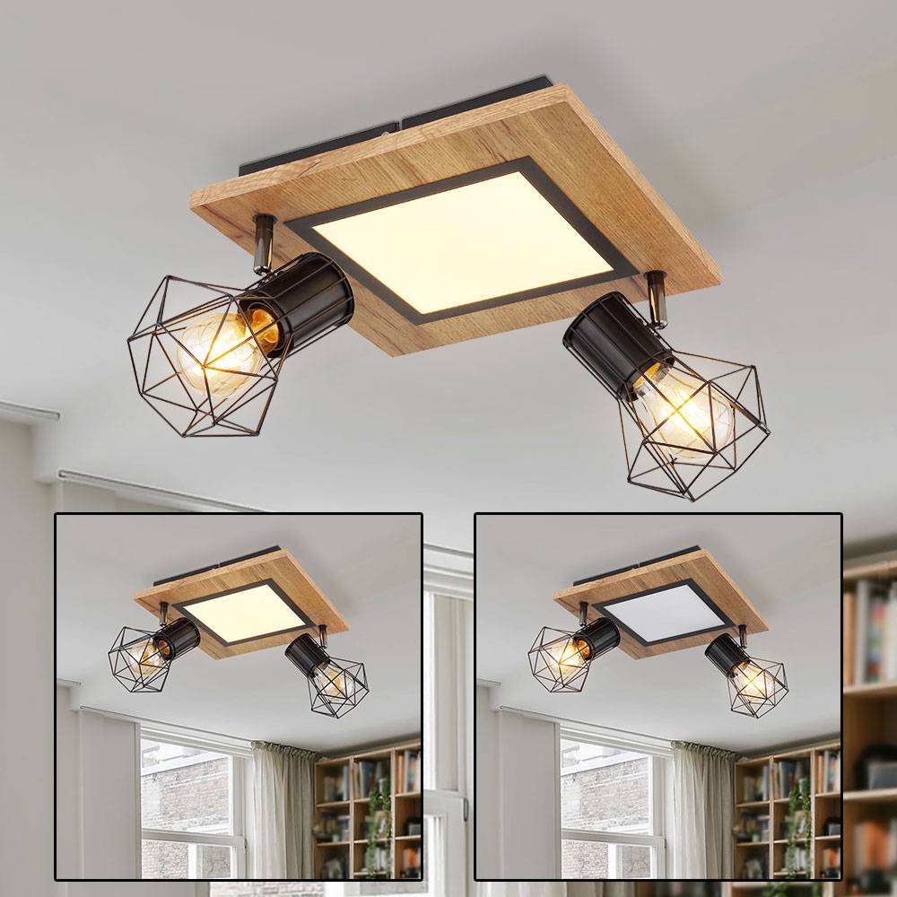 Deckenlampe Wohnzimmerleuchte LED-Platine Metallgitterschirme Spots beweglich Holzoptik, 2 x E27, 12W 1100lm warmweiß, LxBxH 30x30x22,5 cm