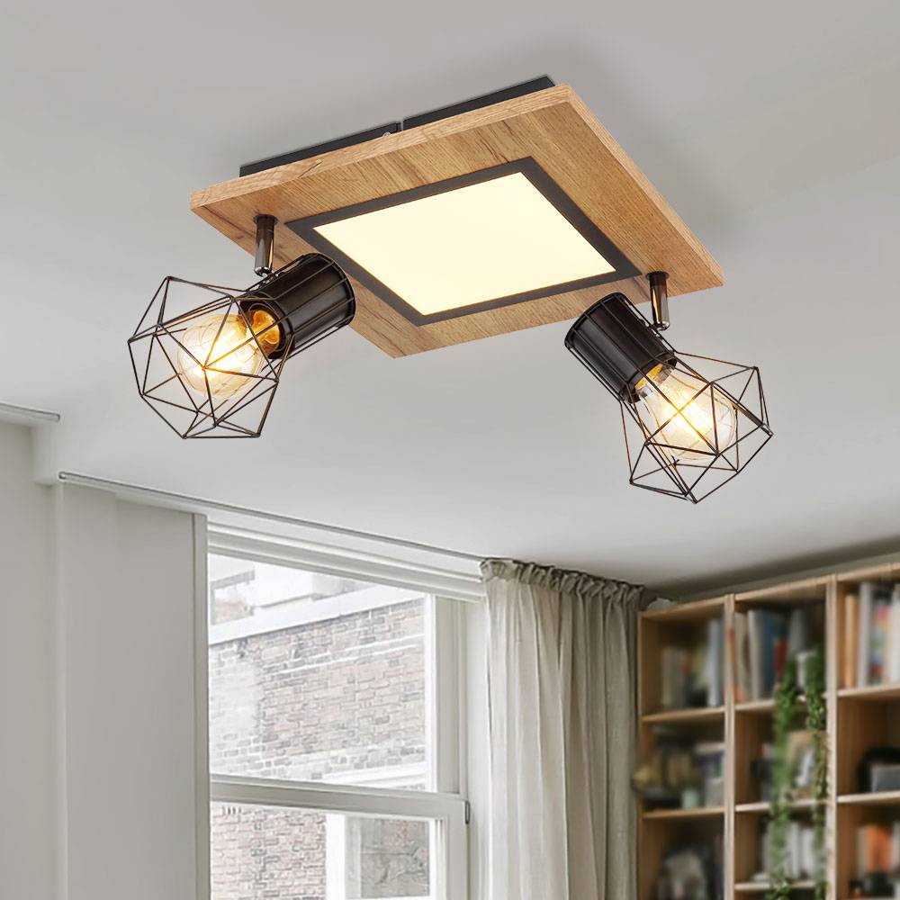 Deckenlampe Wohnzimmerleuchte LED-Platine Metallgitterschirme Spots beweglich Holzoptik, 2 x E27, 12W 1100lm warmweiß, LxBxH 30x30x22,5 cm