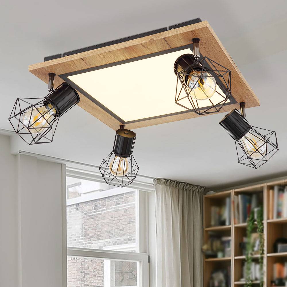 LED Deckenlampe Holzleuchte Wohnzimmerlampe Esszimmerleuchte, Memoryfunktion Spots beweglich, 24W 1800lm 3000K warmweiß, H 22,5 cm