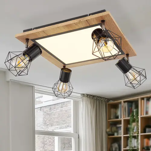 LED Deckenlampe Holzleuchte Wohnzimmerlampe Esszimmerleuchte, Memoryfunktion Spots beweglich, 24W 1800lm 3000K warmweiß, H 22,5 cm LED Deckenlampe Holzleuchte Wohnzimmerlampe Esszimmerleuchte, Memoryfunktion Spots beweglich, 24W 1800lm 3000K warmweiß, H 22,5 cm