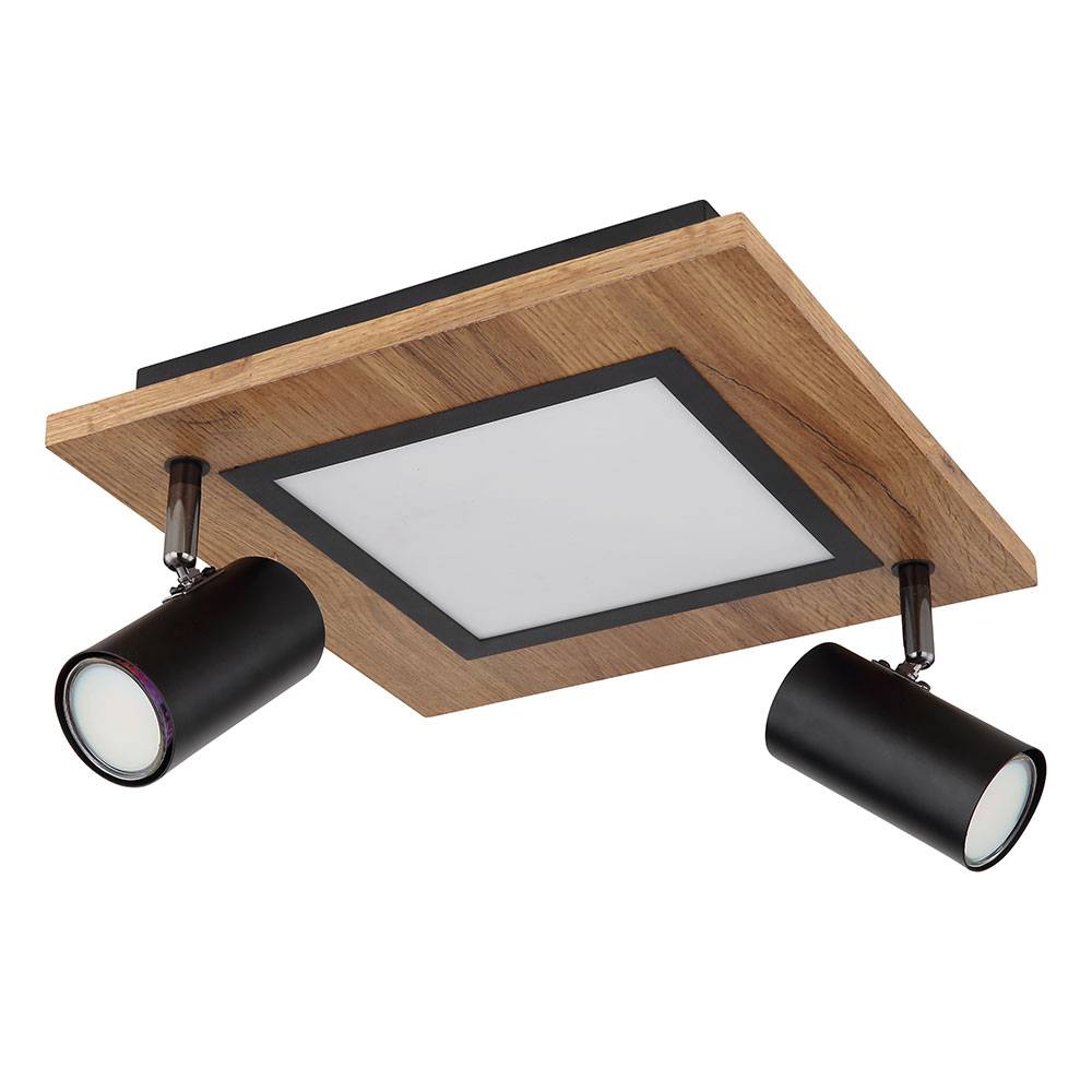Deckenleuchte Holz eckig Deckenlampe Wohnzimmer Spots Deckenleuchte schwarz, Strahler schwenkbar, 1x LED 2x GU10 getrennt schaltbar, LxH30x18 cm