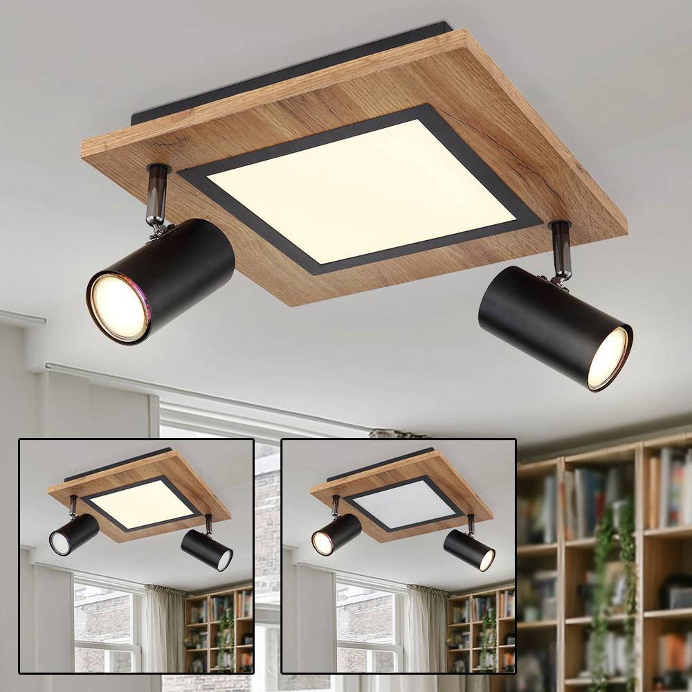 Deckenleuchte Holz eckig Deckenlampe Wohnzimmer Spots Deckenleuchte schwarz, Strahler schwenkbar, 1x LED 2x GU10 getrennt schaltbar, LxH30x18 cm