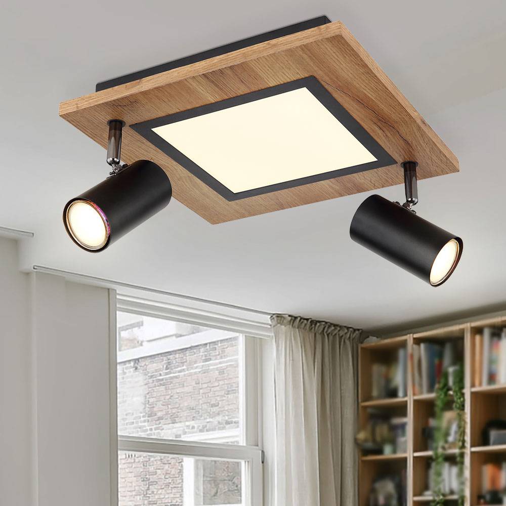Deckenleuchte Holz eckig Deckenlampe Wohnzimmer Spots Deckenleuchte schwarz, Strahler schwenkbar, 1x LED 2x GU10 getrennt schaltbar, LxH30x18 cm