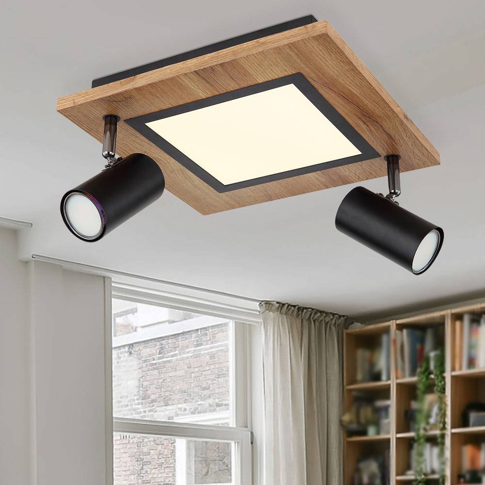 Deckenleuchte Holz eckig Deckenlampe Wohnzimmer Spots Deckenleuchte schwarz, Strahler schwenkbar, 1x LED 2x GU10 getrennt schaltbar, LxH30x18 cm