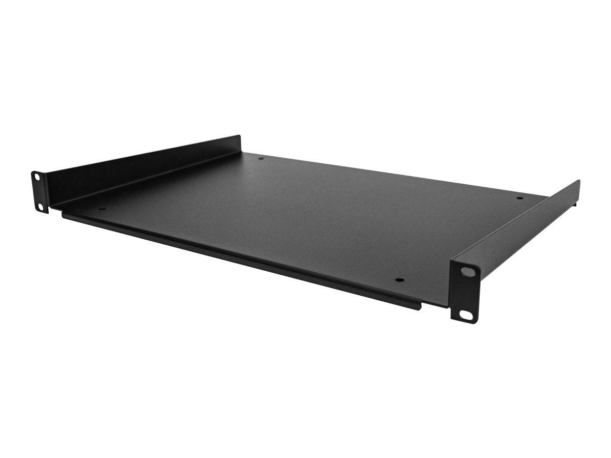Schwarzes Metall-Regal-Tablett mit erhöhten Seitenkanten und Montageklammern auf weißem Hintergrund.