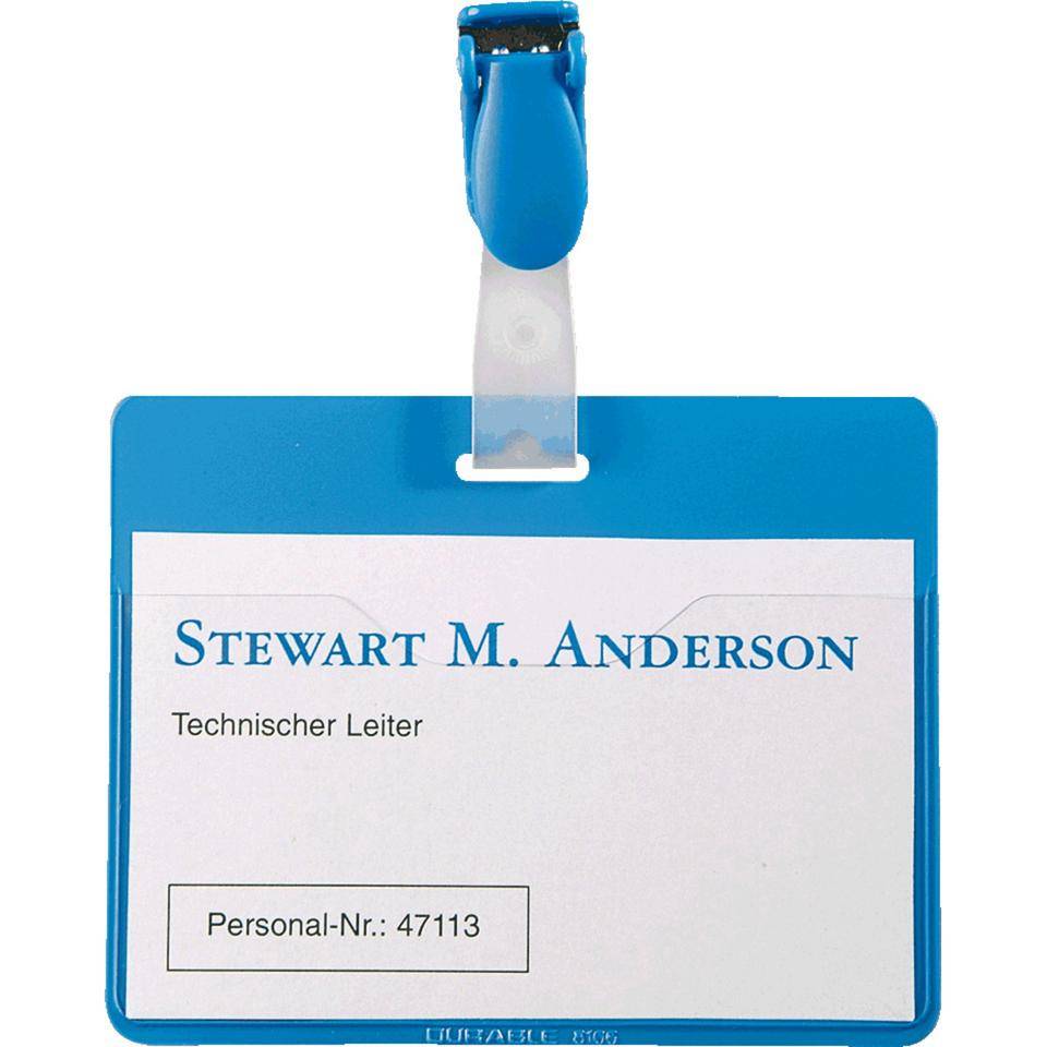 DURABLE Namensschild mit Clip, blau, Hartfolie, mit Einsteckschildern, 90x60mm, 25/VE