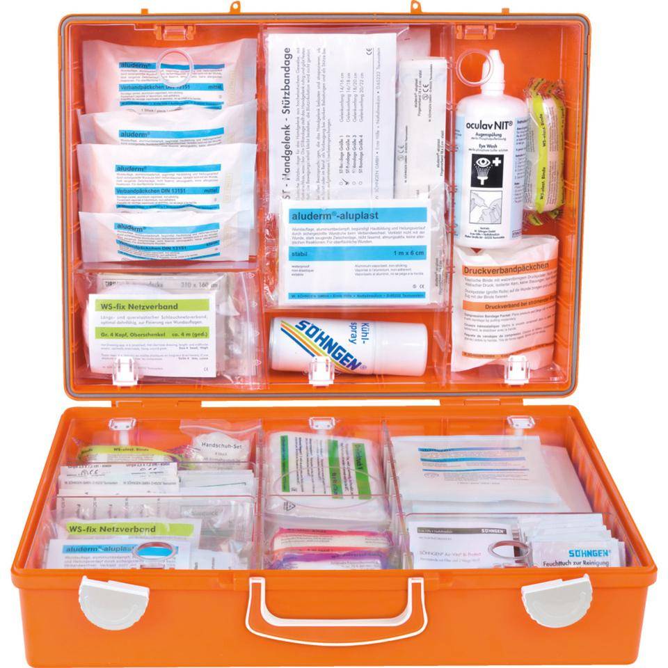 SÖHNGEN® Erste-Hilfe-Koffer Maschinenbau, gemäß DIN 13157, orange, Wandhalterung