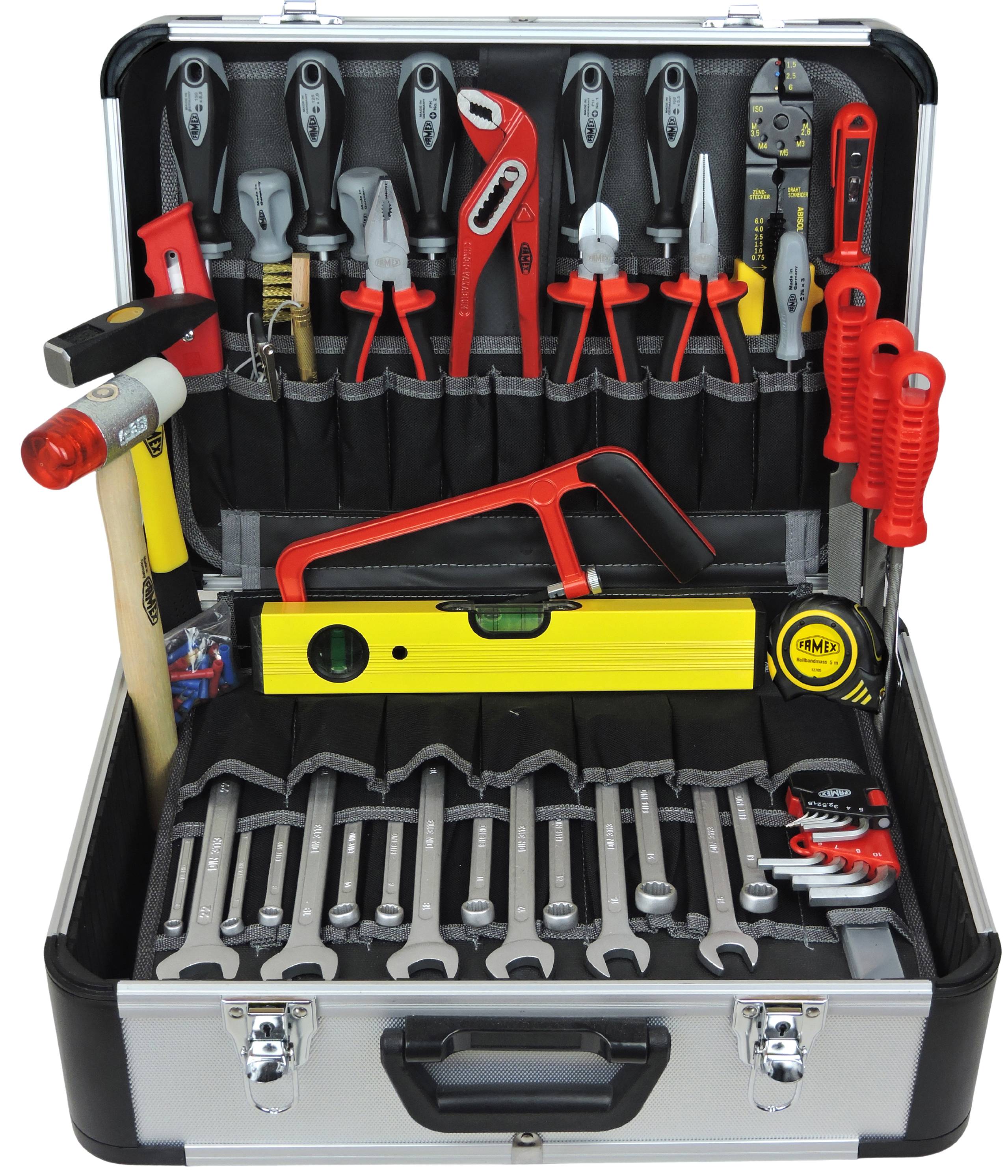 FAMEX 423-47 Alu Werkzeugkoffer gefüllt mit Werkzeug und Steckschlüsselsatz