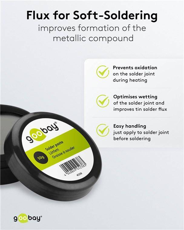 Lötpaste; verbessert die Qualität der Lötverbindung. Eigenschaften: verhindert Oxidation, optimiert die Benetzung, ermöglicht einfache Handhabung; 50g-Behälter.