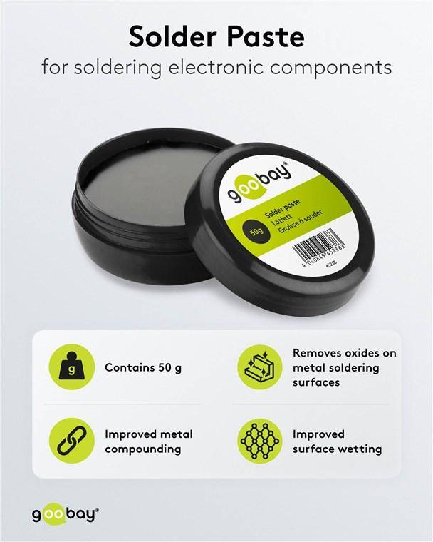 Lötpastenbehalter mit Etikett 50g. Merkmale: 50g Inhalt, entfernt Oxide auf Metalloberflächen, verbesserte Metallverbindung, Oberflächenbenetzung.