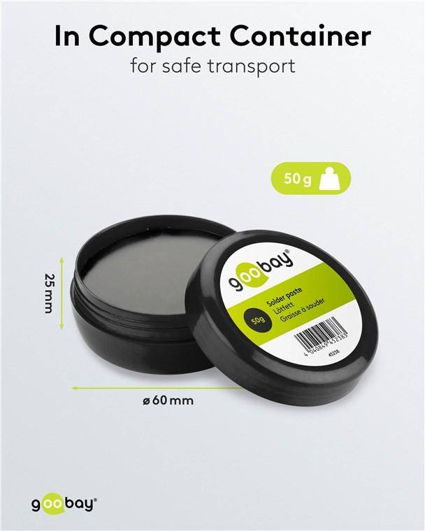 Schwarzer Container von 'GooBay', 50g Lötpaste, gekennzeichnet als 'Grease a lustrer'. Abmessungen 60mm Durchmesser, 25mm Höhe. Sicherer Transport.