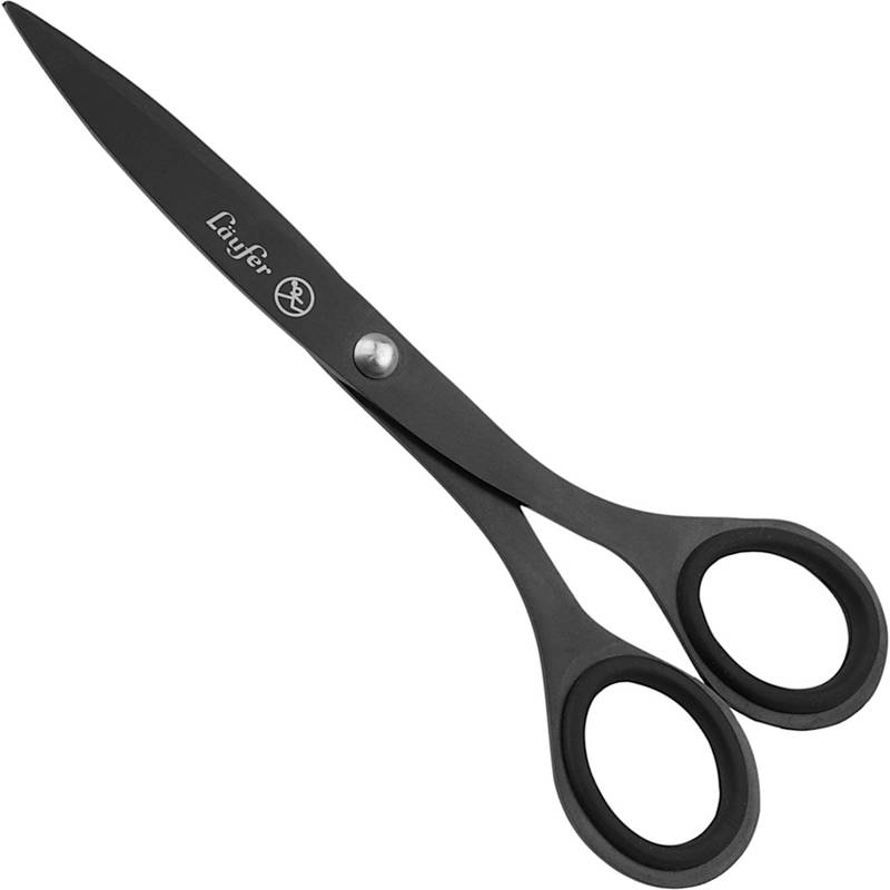 Eine Schere aus elegantem schwarzem Metall mit einer metallischen Drehachse und ergonomischen Griffen, die vor einem weißen Hintergrund platziert ist.