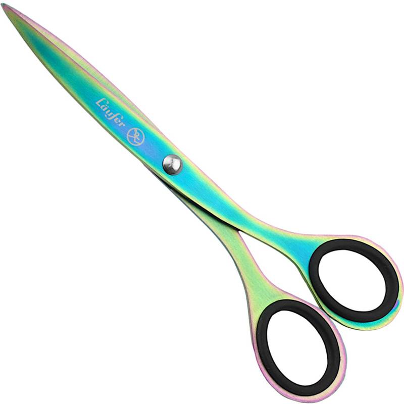 Irisisierende Scheren mit schwarzen Griffen vor einem weißen Hintergrund.