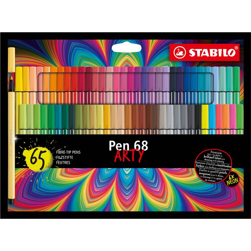 Schachtel mit STABILO Pen 68 Markern mit 65 Farben, einschließlich Neonfarben, in einem Regenbogen-Farbverlauf präsentiert. Der Hintergrund zeigt farbenfrohe Wirbel.