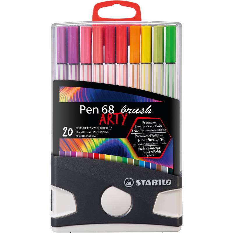 Ein Set von 20 Stabilo Pen 68 Brush-Markern in verschiedenen Farben, ausgestattet mit einer Pinselspitze für vielseitiges und lebendiges Kolorieren.