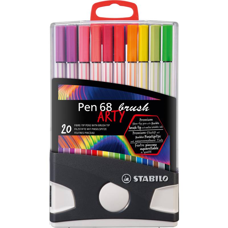 Stabilo Pen 68 Arty' Set präsentiert 20 farbenfrohe Pinselstifte in einem transparenten Etui mit einem schwarzen Etikett.