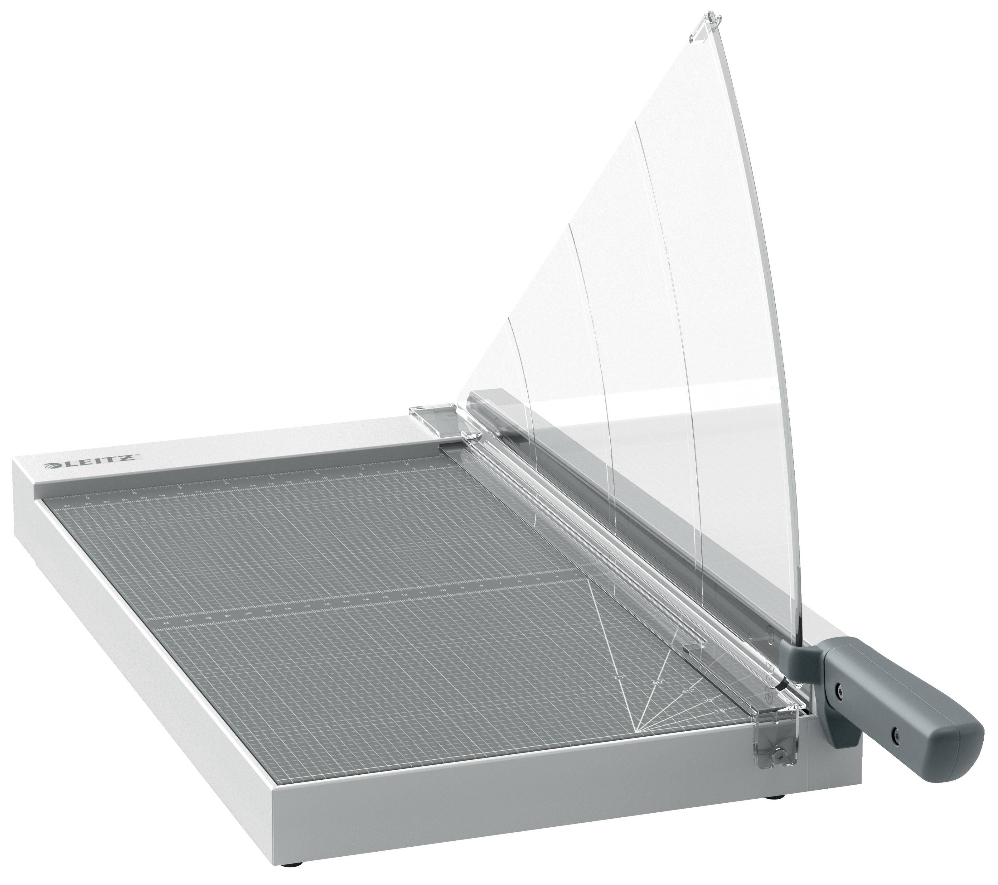 Papierschneider mit transparenter Schutzvorrichtung und Schneideklinge zum Trimmen von Blättern auf einer gitterförmigen Schneidefläche