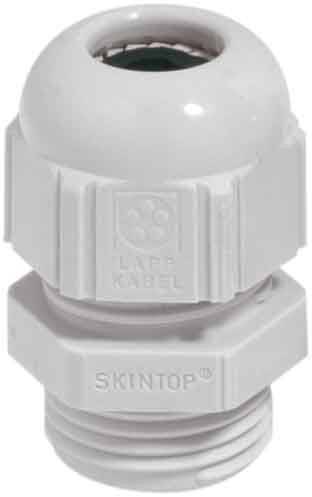 Eine weiße Kabelverschraubung mit der Aufschrift 'Lapp Kabel Skintop', die zum sicheren Befestigen von Kabeln in elektrischen Gehäusen verwendet wird.