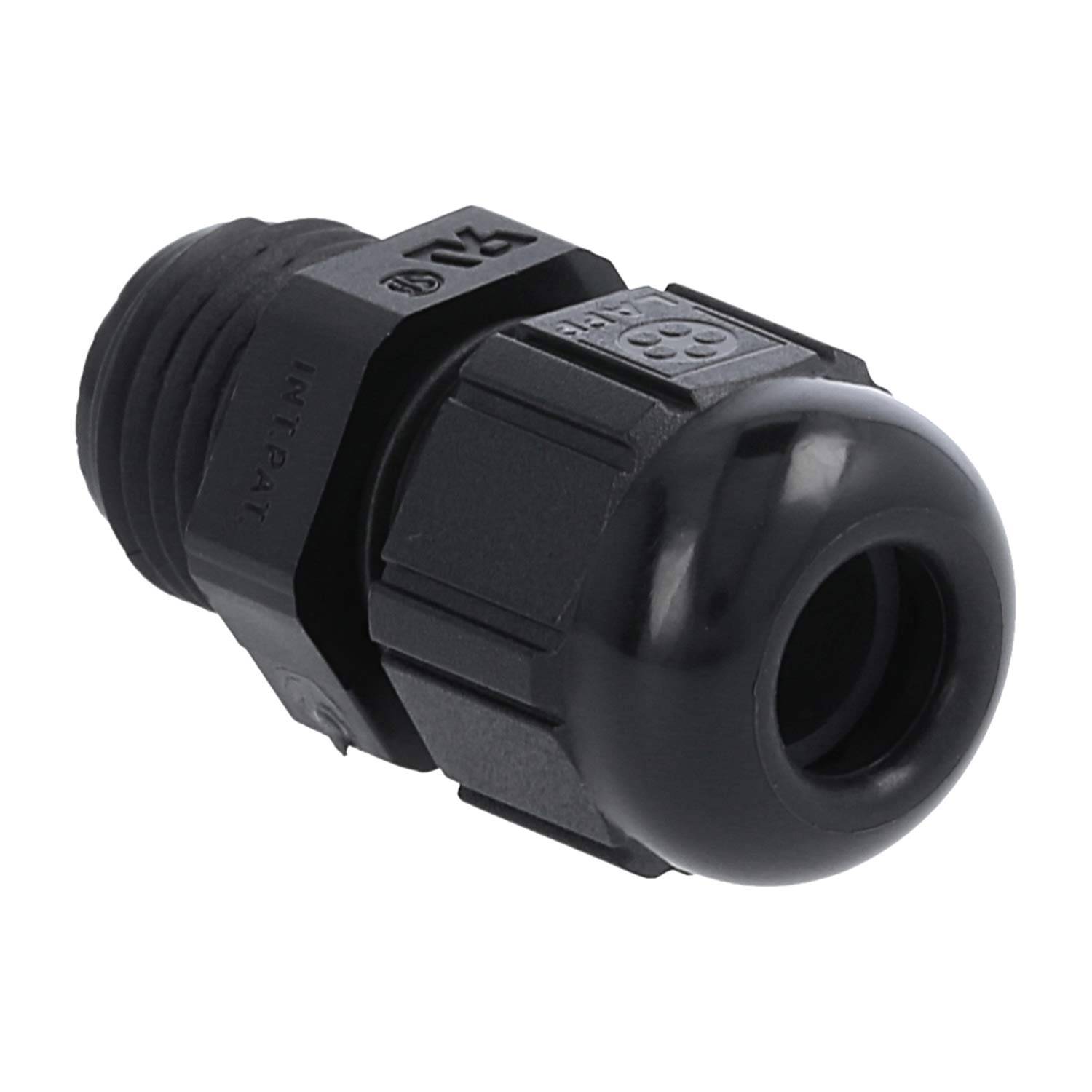 Ein schwarzes Kunststoffkabelkupplungsstück mit Gewindeloch und Verschraubungskappung, entworfen zum Sichern und Schützen von Kabeln in elektrischen Schaltschränken.