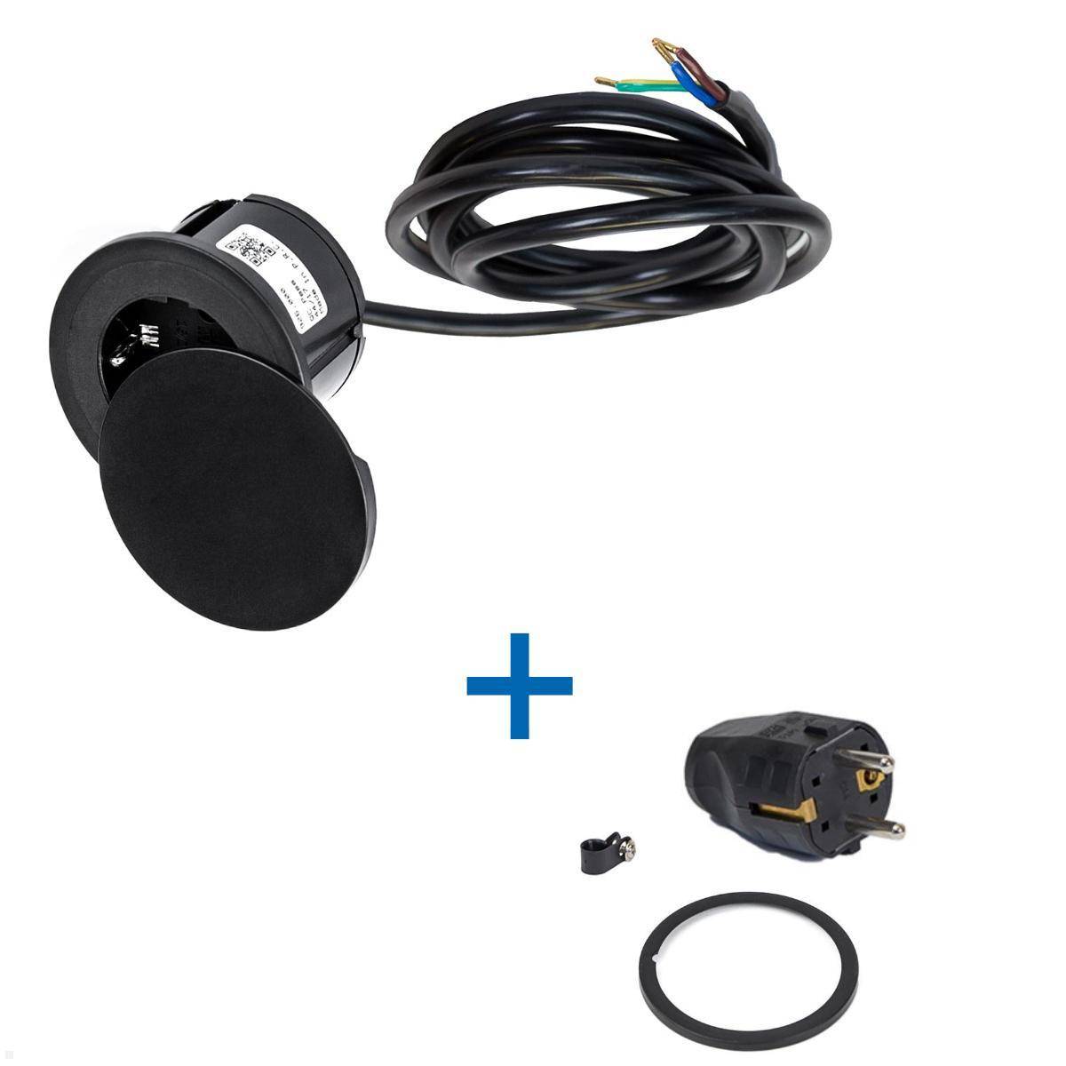 Bachmann PIX Einbausteckdose mit Deckel und 2m Stromzuleitung (926.001D) schwarz