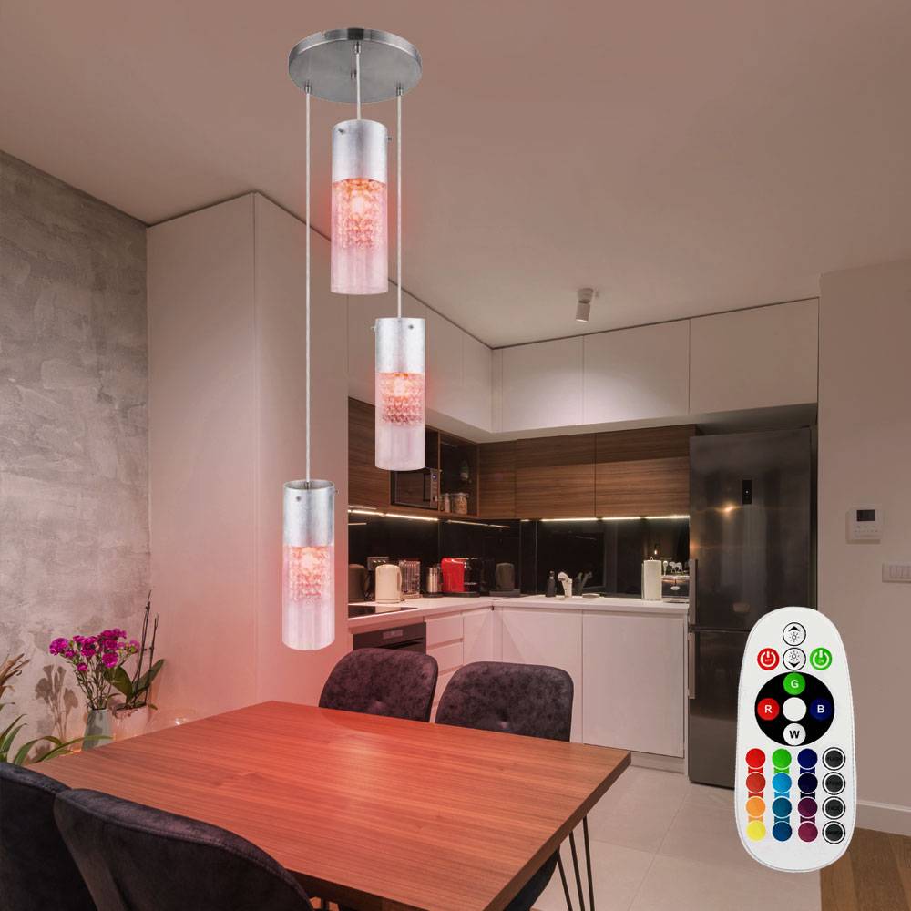 Pendelleuchte Fernbedienung Modern Glas Kristall Pendelleuchte Küche Hängelampe Esstisch Glas, dimmbar, Blattsilber, 3x RGB LED 9W 806Lm, DxH 30 x