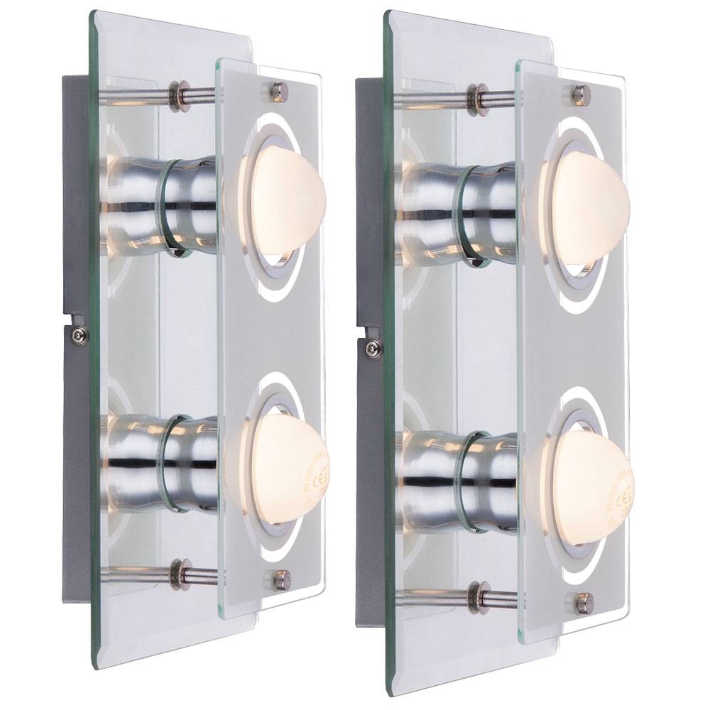 Wandlampen Wohnzimmer Wandleuchte Wandlampe Glas satiniert Spiegelleuchte, Metall chrom, 2x E27 LED 4 Watt 350 Lumen warmweiß, LxBxT 27x16x9 cm, 2er
