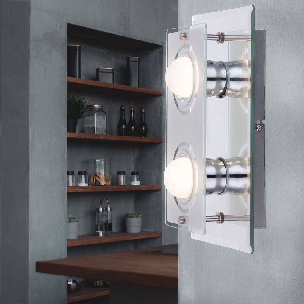 Wandlampen Wohnzimmer Wandleuchte Wandlampe Glas satiniert Spiegelleuchte, Metall chrom, 2x E27 LED 4 Watt 350 Lumen warmweiß, LxBxT 27x16x9 cm, 2er