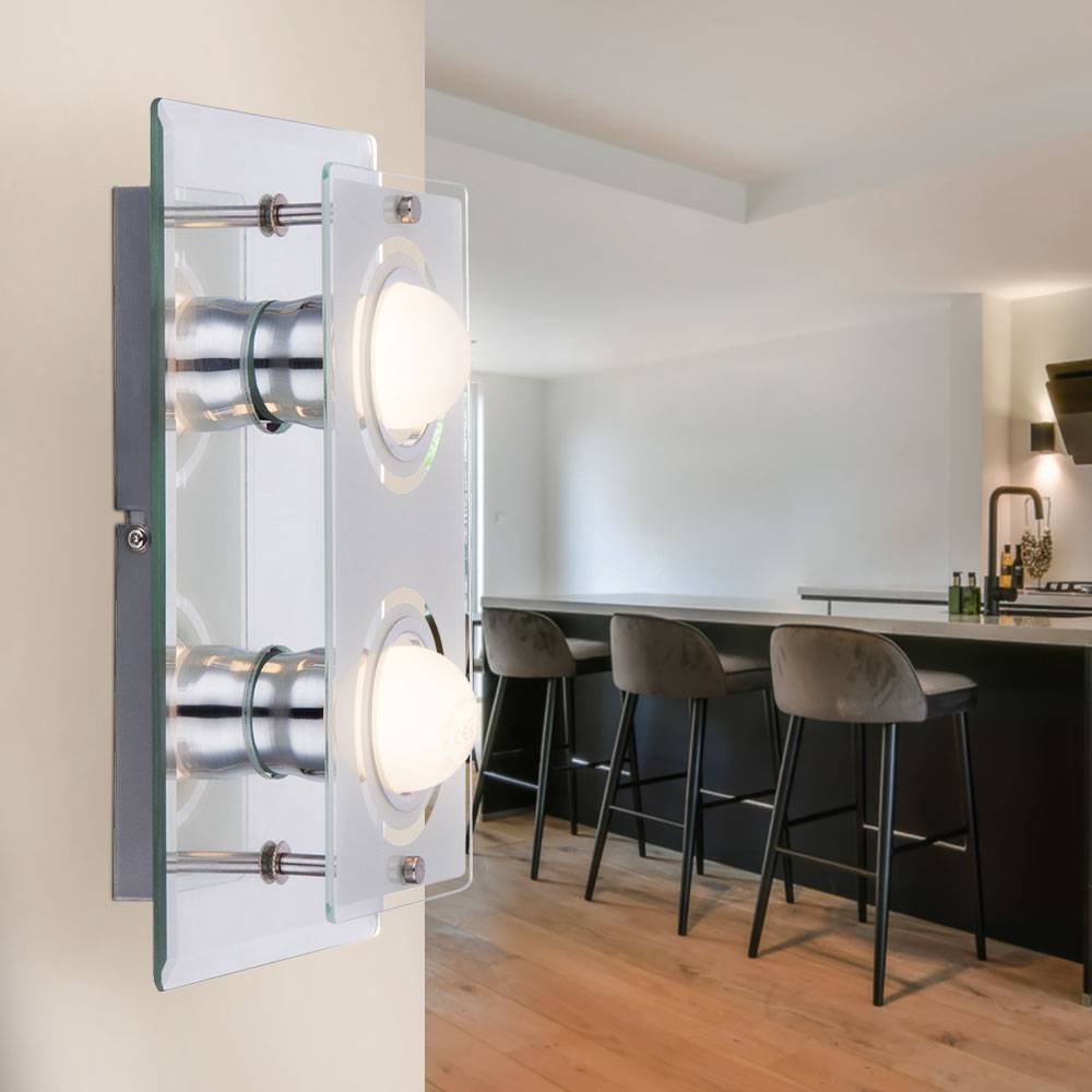 Wandlampen Wohnzimmer Wandleuchte Wandlampe Glas satiniert Spiegelleuchte, Metall chrom, 2x E27 LED 4 Watt 350 Lumen warmweiß, LxBxT 27x16x9 cm, 2er