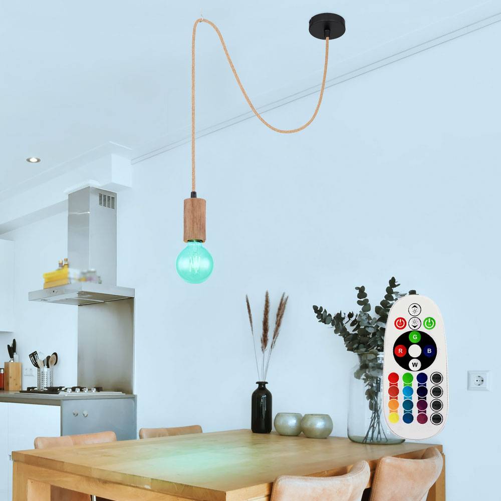 Seillampe Vintage Holzleuchte E27 Vintage Pendelleuchte Holz, Hanfseil Metall braun schwarz, 1x RGB LED 9W 806Lm, DxH 10x160 cm
